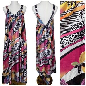 Lapis Maxi Dress Tropical Floral‎ Leopard Zebra Print OS V Neck Flowy Y2K Boho